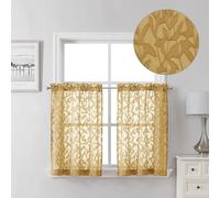 Lecloud Leia Dark Gold Sheer Kitchen Curtains 30 Inch Length 2 Panels, Breathable Leaf Textured Bedroom Voile Curtain Tiers, Dual Rod Pockets Jacquard Drapes for Bathroom Cafe, 40 W x 30 L