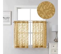 Lecloud Leia Dark Gold Sheer Kitchen Curtains 36 Inch Length, Breathable Clip Textured Leaf Cafe Bedroom Voile Curtain Tiers, Dual Rod Pockets Jacquard Bathroom Bedroom Drapes, 40 W x 36 L