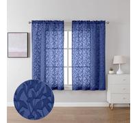 Lecloud Leia Dusty Blue Sheer Curtains 45 Inch Length 2 Panels, Balance Light & Privacy Jacquard Textured Leaf Voile Curtains for Living Room, Dual Rod Pockets Bedroom Short Drapes, 40 W x 45 L