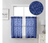 Lecloud Leia Dusty Blue Sheer Kitchen Curtains 36 Inch Length 2 Panels, Breathable Jacquard Textured Voile Curtain Tiers for Bathroom Bedroom, Dual Rod Pockets Window Treatments, 40 W x 36 L
