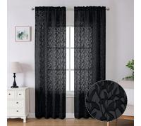 Lecloud Leia Jacquard Black Sheer Curtains 96 Inches Long 2 Panels, Balance Light & Privacy Clip Textured Voile Curtain with Dual Rod Pockets, Farmhouse Leaf Living Room Bedroom Drapes, 38X96 Inch
