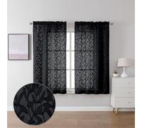 Lecloud Leia Jacquard Textured Black Semi Sheer Curtains 45 Inch Length 2 Panels, Balance Light & Privacy Clip Leaf Voile Curtain for Living Room, Dual Rod Pockets Bedroom Short Drapes, 38x45 Inches