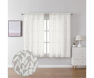 Lecloud Leia Jacquard Textured Ivory Semi Sheer Curtain 45 Inch Length, Balance Light & Privacy Clip Leaf Voile Curtain for Living Room, Dual Rod Pockets Bedroom Short Drape, 40 W x 45 L