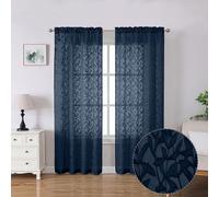 Lecloud Leia Jacquard Textured Sheer Navy Blue Curtains 72 Inches Long 2 Panels, Airy & Breathable Clip Leaf Semi Voile Curtain for Living Room, Dual Rod Pockets Farmhouse Bedroom Drapes, 38W x 72L