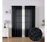 Lecloud Leia Living Room Black Sheer Curtains 72 Inch Length 2 Panels, Airy & Breathable Clip Textured Leaf Voile Bedroom Curtains, Dual Rod Pockets Jacquard Gauzy Window Drapes, 38x72 Inches