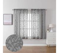 Lecloud Leia Living Room Charcoal Grey Sheer Curtains 45 Inches Length 2 Panels, Double Rod Pocket Window Voile Gray Curtain for Bedroom, Jacquard Textured Leaf Short Kitchen Drapes, 38W x 45L