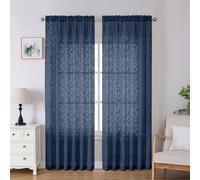 Lecloud Leia Navy Blue Sheer Curtains 90 Inches Long 2 Panels, Airy Leaf Textured Jacquard Drapes, Light Filtering & Privacy Dual Rod Pocket Window Curtains for Living Room Bedroom, 52" W x 90" L