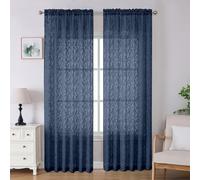 Lecloud Leia Navy Blue Sheer Curtains 96 Inches Long 2 Panels, Airy Leaf Textured Jacquard Curtain Panels, Light Filtering & Privacy Curtains for Living Room Bedroom French Window, 52" W x 96" L