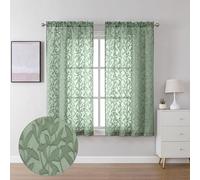 Lecloud Leia Sage Green Semi Sheer Curtains 54 Inch Length 2 Panels, Jacquard Texture Leaves Voile Kitchen Curtain Balance Light & Privacy, Rod Pockets Guazy Drapes Living Room Bedroom, 38x54 Inches