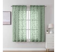 Lecloud Leia Sage Green Sheer Curtains 45 Inch Length 2 Panels, Elegant Balance Light & Privacy Jacquard Textured Leaf Voile Curtains, Dual Rod Pockets Drapes for Bedroom Living Room, 30" W x 45" L