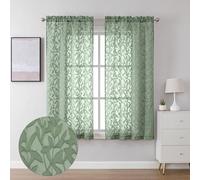 Lecloud Leia Sage Green Sheer Curtains 63 Inch Length 2 Panels, Light Filtering Bedroom Living Room Kitchen Curtain for Small Window, Jacquard Clip Leaves Voile Drapes Dual Rod Pockets, 38x63 Inches