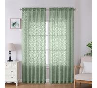 Lecloud Leia Sage Green Sheer Curtains 90 Inches Long 2 Panels, Airy Voile Jacquard Leaf Textured Curtains, Light-Filtering Farmhouse Rod Pockets Curtain Drapes for Bedroom Living Room, 52" W x 90" L