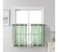 Lecloud Leia Sage Green Sheer Kitchen Curtains 24 Inch Length 2 Pcs, Jacquard Leaf Textured Voile Short Curtains with Dual Rod Pocket, Farmhouse Bedroom Living Room Tiers, 30" W x 24" L