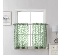 Lecloud Leia Sage Green Sheer Kitchen Curtains 30 Inch Length 2 Pcs, Jacquard Leaf Textured Voile Short Curtains with Dual Rod Pocket, Farmhouse Bedroom Living Room Tiers, 30" W x 30" L