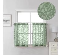 Lecloud Leia Sage Green Valance Sheer Cafe Curtains 24 Inch Length 2 Packs, Bathroom/Basement/Kitchen Curtain Tiers Small Window, Rod Pockets Jacquard Leaves Drapes Living Room Bedroom, 38x24 Inches