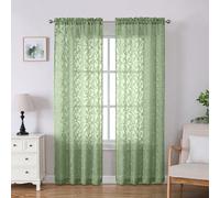 Lecloud Leia Sheer Green Curtains 84 Inches Long 2 Panels, Jacquard Clip Double Rod Pockets Window Curtain with Leaf, Airy Durable Gauzy Drapes for Bedroom, 38 W x 84 L