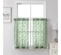 Lecloud Leia Sheer Sage Green Kitchen Curtains 36 Inch Length 2 Pcs, Jacquard Leaf Textured Voile Short Curtain Tiers, Farmhouse Small Curtain for Bedroom Bathroom with Dual Rod Pocket, 28" W x 36" L