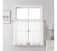 Lecloud Leia Sheer White Kitchen Curtains 36 Inch Length 2 Pcs, Jacquard Leaf Textured Voile Short Curtain Tiers, Farmhouse Small Curtain for Bedroom Bathroom with Dual Rod Pocket, 30" W x 36" L