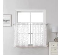 Lecloud Leia White Sheer Kitchen Curtains 24 Inch Length 2 Pcs, Jacquard Leaf Textured Voile Short Curtains with Dual Rod Pocket, Farmhouse Bedroom Living Room Tiers, 30" W x 24" L