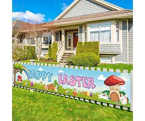 LECONCES Happy Easter Banner, Long Easter Banner Decorations for Indoor Outdoor Long Easter Egg Bunny Game Activity Banner, Happy Easter Day Home Garden Spring Themed Party Backdrop Decor