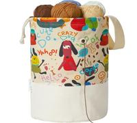 LeCorner Yarn Bag, Small Crochet Bag Organizer, Drawstring Yarn Storage Knitting Bags, Portable Mini Yarn Holder for Crocheting Project, Store Skein Ball, Needles Accessories (Colorful Dogs, Large)
