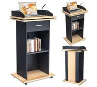 Lectern Podium, Wooden Podium with Pull-Out Drawer & Wheels, Premium Tall Solid Wood Pulpit Lectern with Double-Layer Storage Shelf, Lectern for Church, Presentation, School, Seminar (110x46x60cm)