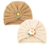 LECTNORE Baby Hats and Caps, 2pcs Baby Beanie 6-12 Months Newborn Baby Hat Cute Little Flowers Turban Hats Winter Autumn Hat for Newborn Baby, Toddlers(Light Brown + Milky White)
