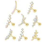 LECTNORE Helix Piercing Jewellery, 8pcs 16g Surgical Steel Tragus Cartilage Earring Leaf Opal Leaf Zircon Pentagram Earring Flat Back Earrings Sets For Multiple Piercings(Gold)