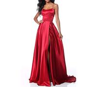 Lecureler Long Satin Spaghetti Strap Prom Dress Red Size 6