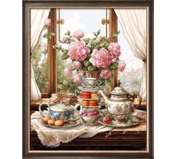 Leczany 11CT 3 Strand Cross Stitch Stamped Kit - Embroidery Starter Kit - Printed Canvas Complete Needlework Kit Adult or Kids for Beginners - Tea time 35x43cm
