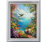 Leczany 11CT 3 Strand Cross Stitch Stamped Kit - Embroidery Starter Kit - Printed Canvas Complete Needlework Kit Adult or Kids for Beginners - Hummingbirds and Flowers by The sea 34x45cm