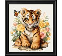 Leczany DIY 11CT Stamped Cross-Stitch Kit - Pre-Printed Embroidery Starter Kit, Needlework Canvas Handicrafts Kit for Adults or Kid for Beginners - Little Tiger and Butterfly 36x40cm
