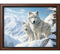 Leczany DIY 11CT Stamped Cross-Stitch Kit - Pre-Printed Embroidery Starter Kit, Needlework Canvas Handicrafts Kit for Adults or Kid for Beginners - Two Wolves and Snow Mountain 43x32cm
