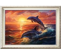 Leczany DIY 11CT Stamped Cross-Stitch Kit - Pre-Printed Embroidery Starter Kit, Needlework Canvas Handicrafts Kit for Adults or Kid for Beginners - Two Dolphins 48x32cm