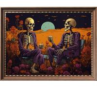 Leczany DIY 11CT Stamped Cross-Stitch Kit - Pre-Printed Embroidery Starter Kit, Needlework Canvas Handicrafts Kit for Adults or Kid for Beginners - Two Skeletons Cheers 45x33cm