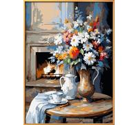 Leczany DIY 11CT Stamped Cross-Stitch Kit - Pre-Printed Embroidery Starter Kit, Needlework Canvas Handicrafts Kit for Adults or Kid for Beginners - Fireplace and Flowers 33x45cm