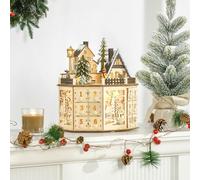 LED 24 Day Wooden Advent Calendar,Wooden Advent Calendar with 24 Drawers Decorated with Christmas Tree Pagoda Fence,Empty Advents Calendars to Fill Yourself Countdown Holiday Gifts