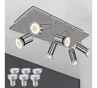 LED 6 Way Indoor Adjustable Ceiling Lighting Fittings Flush Brushed Chrome Kitchen Light with 6X GU10 Bulbs Warm White 5W