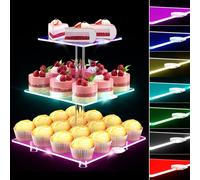 LED Acrylic Cupcake Stand, 3 Tier Cupcake Stand with Rechargeable Light, Clear Cupcake Tower Stand 24 Cupcakes, 7 color Cupcake Display Stands for Weddings, Birthdays,Party,Graduation