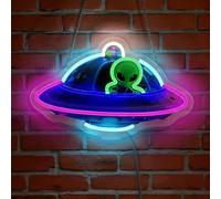 LED Alien Neon Sign Light Up UFO Lights Lighted Space Neon Signs with Base for Bedroom Dorm Hallway Garage Man Cave Bar Gaming Room Wall Decor Desktop Counter Art or Gifts