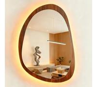 LED Backlit Bathroom Mirror, 50x70cm & 60x80cm, Retro Irregular Design, Anti-Fog Lighting, Touch Switch, 3 Colors - Walnut & Black, Illuminated Wall Mirror for Modern Bathrooms