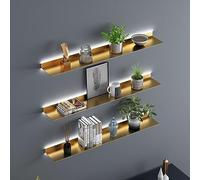 LED Backlit Wall-Mounted Floating Shelves, Stylish Gold Finish Display Shelves for Home Decor, 100x15x6cm, Offset Design, Modern Lighting Solution for Any Room