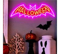 LED Bat Neon Sign Light Arcylic Halloween Bat Light up Signs Banner with Dimmable Switch and Hanging Chain for Halloween Desktop Table Fireplace Bar Party Decorations