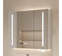 LED Bathroom Cabinet with 3-Color Light Wooden Wall Storage with Fog-Free Mirror Cosmetic Storage Time & Temperature Display Paper Holder (White 60x13x70cm/23.6x5.1x27.6in)