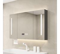 LED Bathroom Cabinet with Mirror, Anti-Fog Wood Storage, 3-Color Light, Time & Temperature Display, Paper Hole, Gray, 39.4x5.1x27.6in - Stylish & Functional Solution.