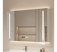 LED Bathroom Cabinet with Tri-Color Light Wooden Wall Storage Anti-Fog Mirror Cosmetic Timer & Temperature Display Paper Compartment (White 39.4"x5.1"x27.6")