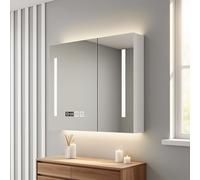 LED Bathroom Medicine Cabinet with Anti-Fog HD Mirror, Solid Wood Vanity, Three-Color Light, Time & Temperature Display, Paper Holder, White, 60x13x70cm