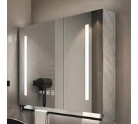 LED Bathroom Mirror Cabinet with Demisting Light Wall-Mounted Vanity Mirror with Storage Shelf Wooden Wall Storage with Time & Temperature Display Towel Holder & Paper Slot (Gray 70x12x75cm