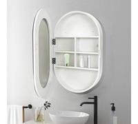 LED Bathroom Mirror Cabinet with Lighting, Wall-Mounted Sto Unit, Oval Design, 180° Opening, Reversible Installat, (White, 50x78cm/20x30in)