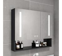 LED Bathroom Mirror with Lights - Smart Aluminum Medicine Cabinet Anti-Fog Vanity Mirror with Storage Touch Switch Hair Dryer Holder Paper Holes - Black